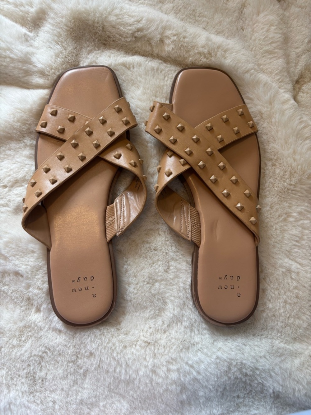 a new day Tan Studded Cross-Strap Slide Sandals